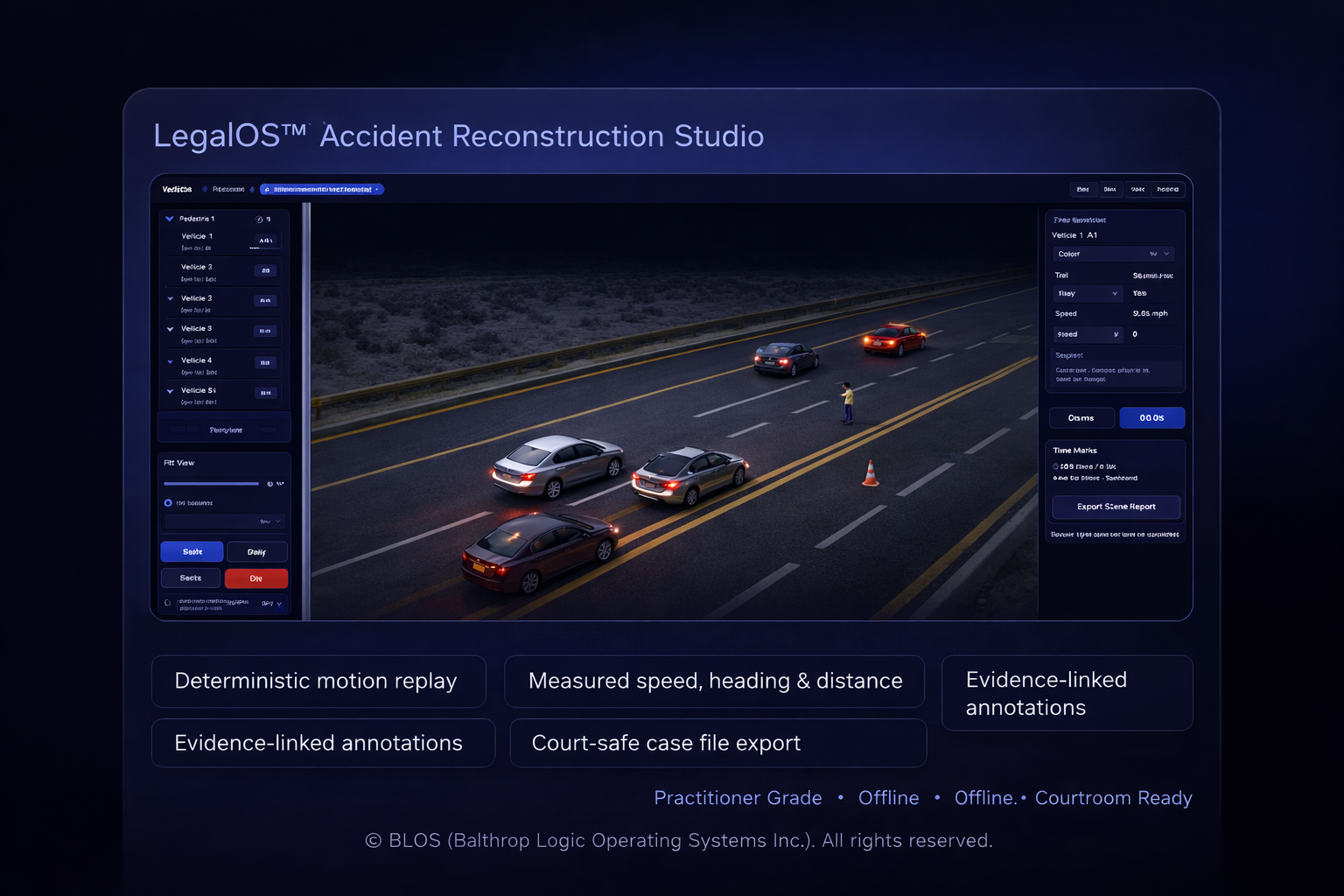 LegalOS™ Accident Reconstruction Studio — interface screenshot